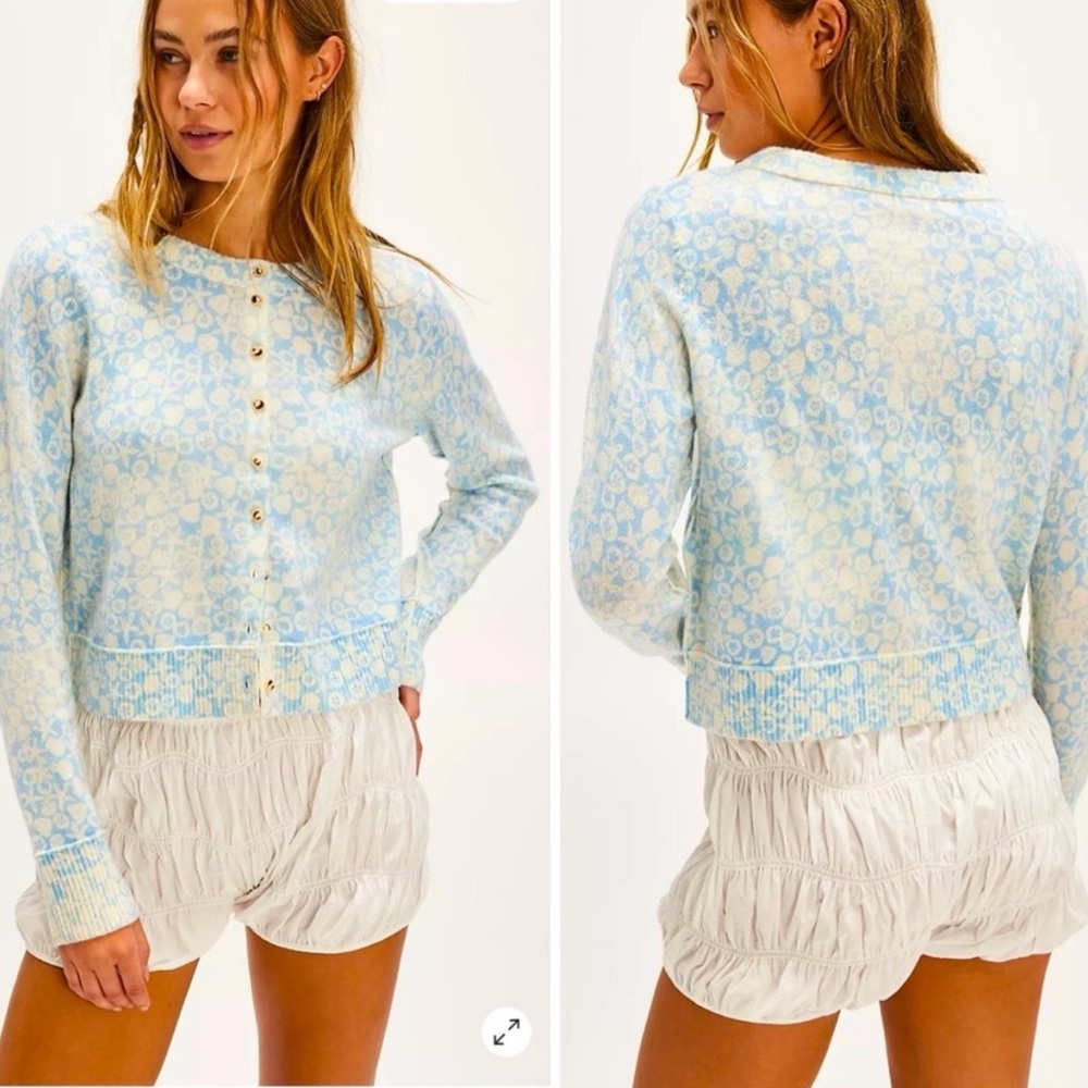 FREE PEOPLE Nocturnal Pattern Cardi, NWT, Sz M, Blue Sea Combo🩵🤍